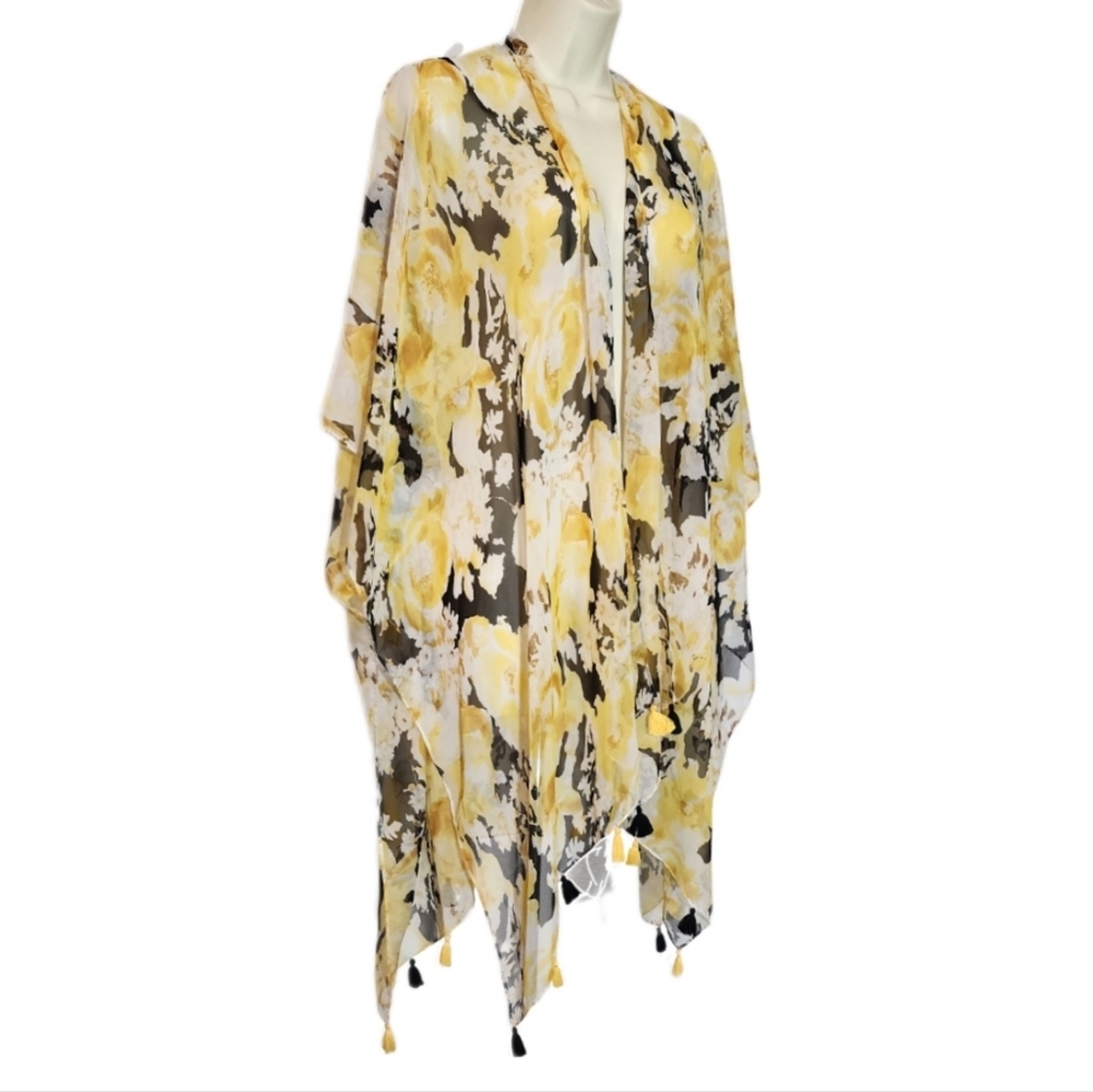 Est. 1946 Floral Semi Sheer Tassled Hem Kimono Style Cover Up Yellow Size OS - Picture 6 of 11